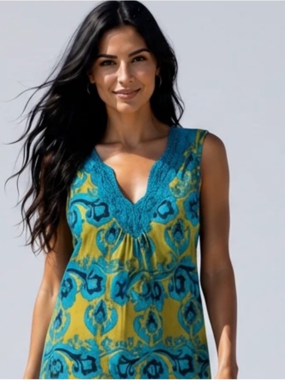 August Silk Sleeveless V-Neck Patterned Women’s Top in Teal and Mustard Size S